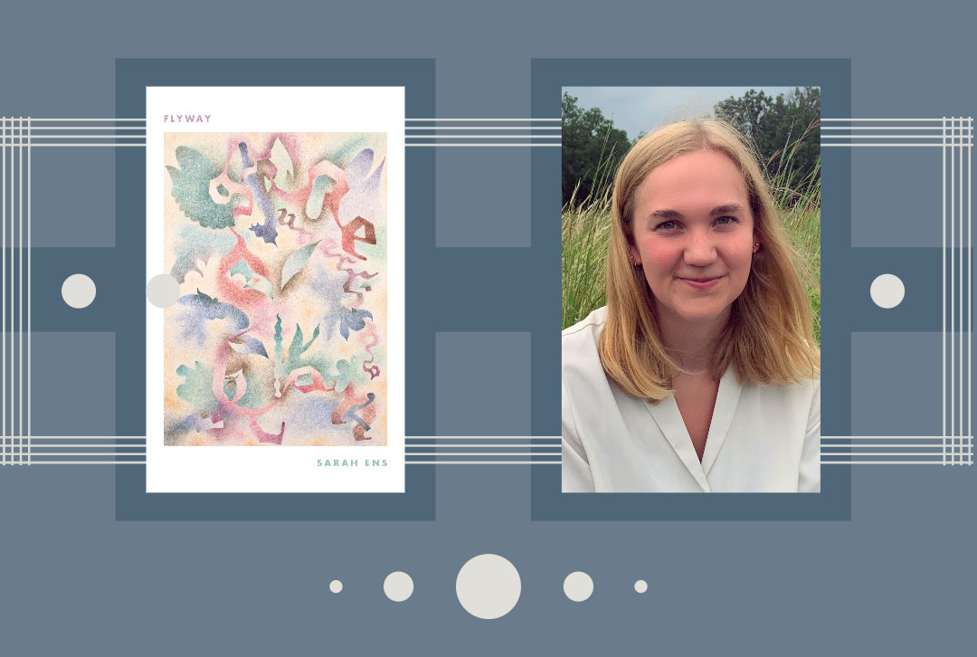 Book cover of Flyway by Sarah Ens and photo of Sarah Ens over a grey blue background 